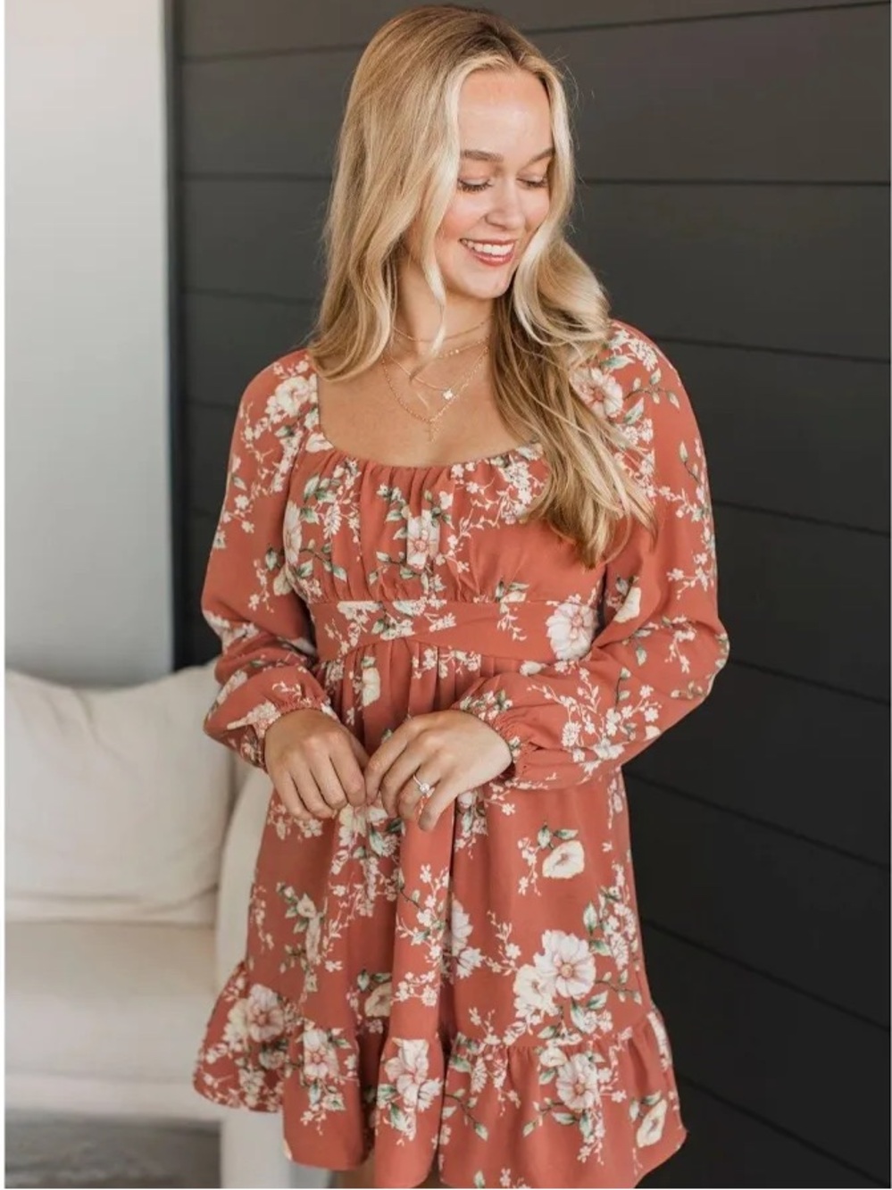 Blu Pepper Rust Floral Long Sleeve Ruffle Mini Dress
